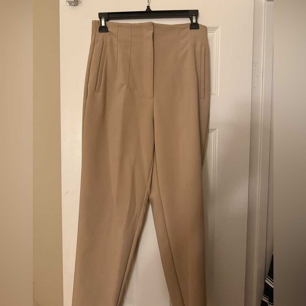 Zara Tan High-Waisted Trousers with Straight-Leg Silhouette